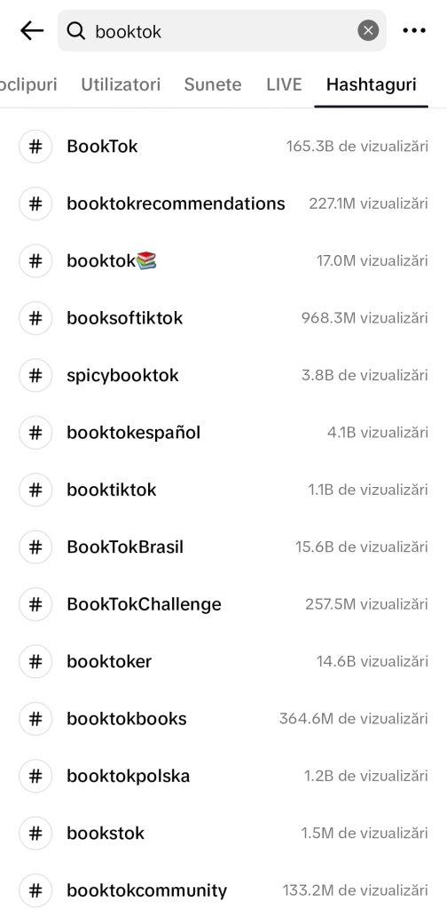 Statistici despre hashtagul BookTok pe TikTok.